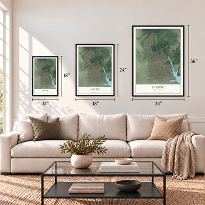 Mastic, New York map in 12 x 18, 18 x 24 and 24 x 36 inch sizes above a sofa