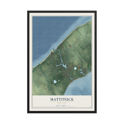 Mattituck, New York map print, 12" x 18" W/ Black Ayous Wood Frame mockup