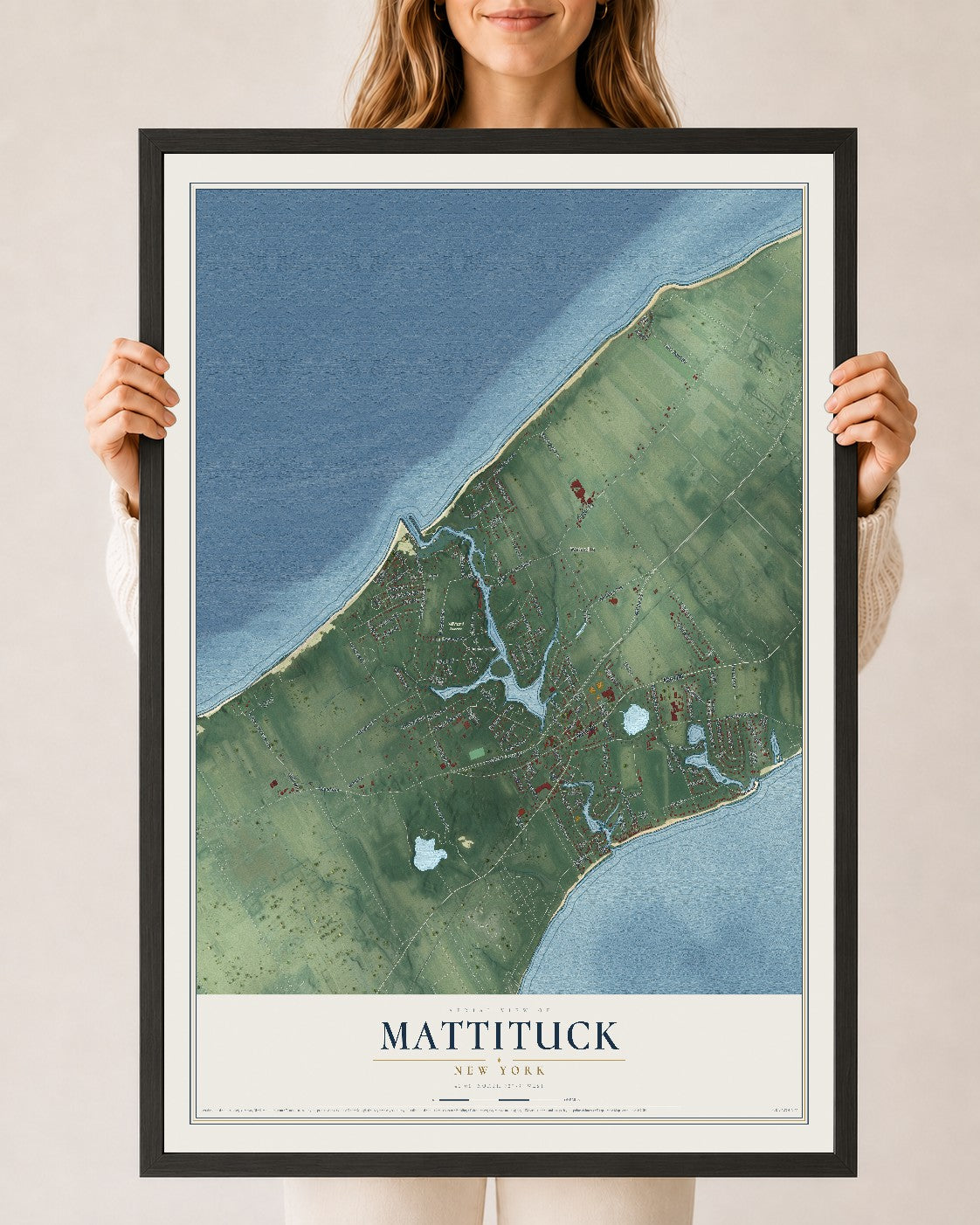Mattituck, New York map print, 24" x 36" W/ Black Ayous Wood Frame mockup