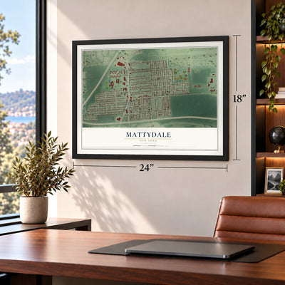 Mattydale, New York map, 18 x 24 inch print in a black frame in a home office
