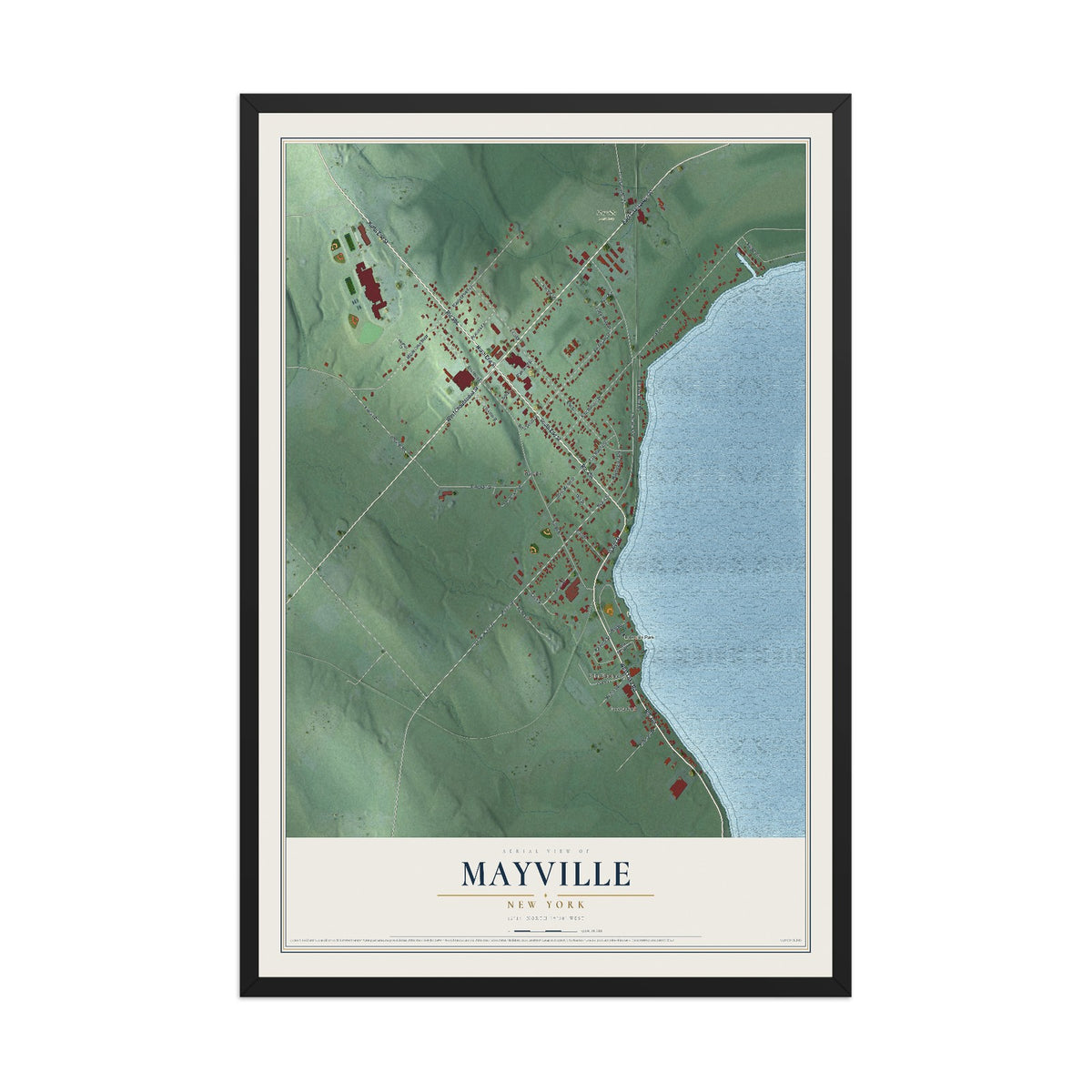 Mayville, New York map print, 12" x 18" W/ Black Ayous Wood Frame mockup