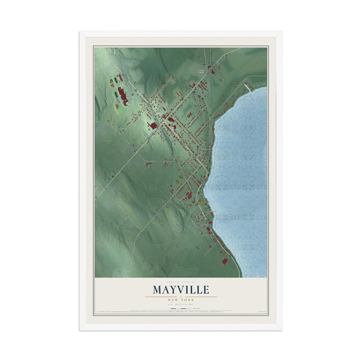 Mayville, New York map print, 12" x 18" W/ White Ayous Wood Frame mockup