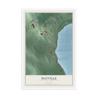 Mayville, New York map print, 12" x 18" W/ White Ayous Wood Frame mockup