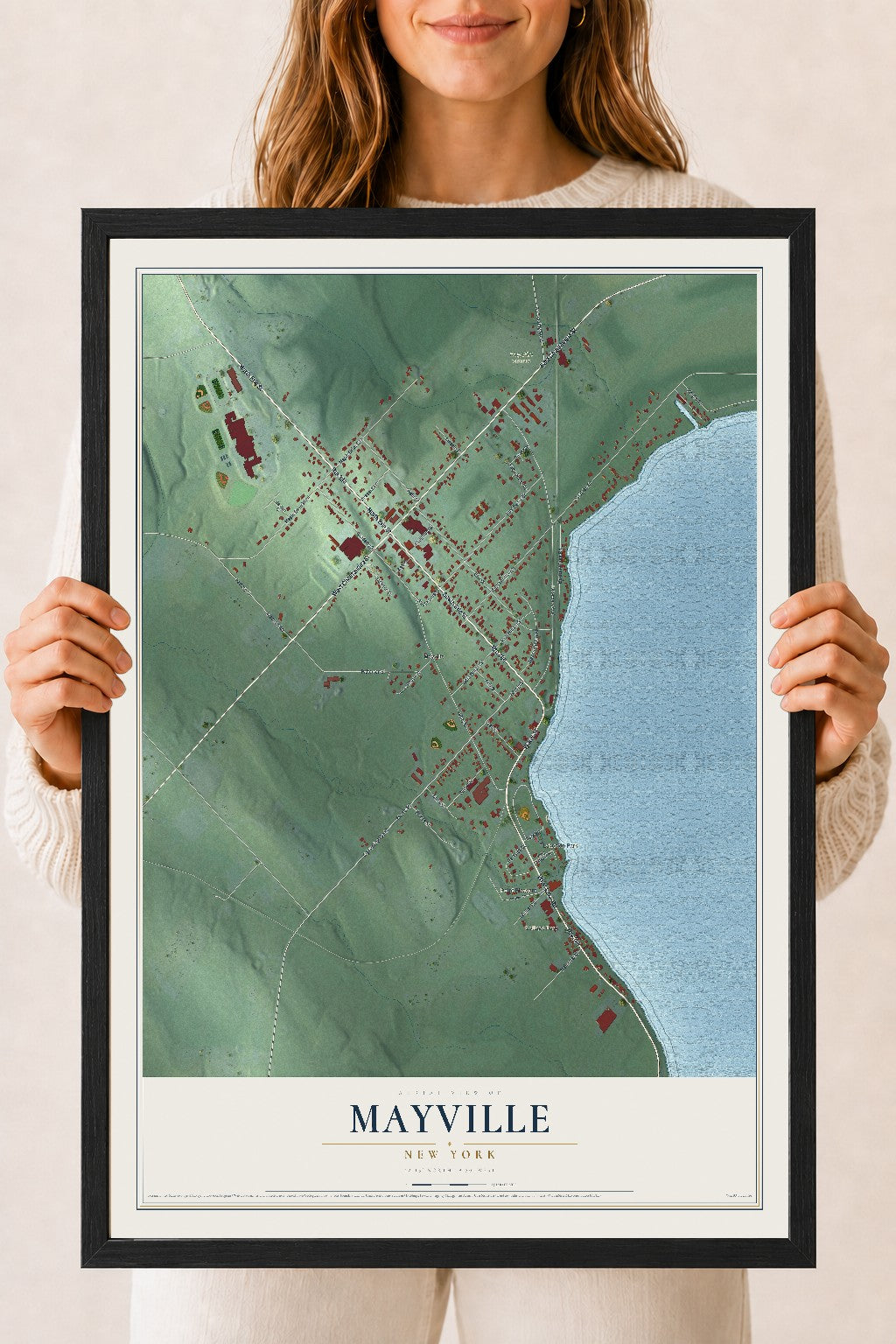 Mayville, New York map print, 18" x 24" W/ Black Ayous Wood Frame mockup