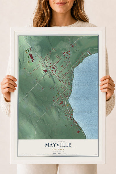 Mayville, New York map print, 18" x 24" W/ White Ayous Wood Frame mockup