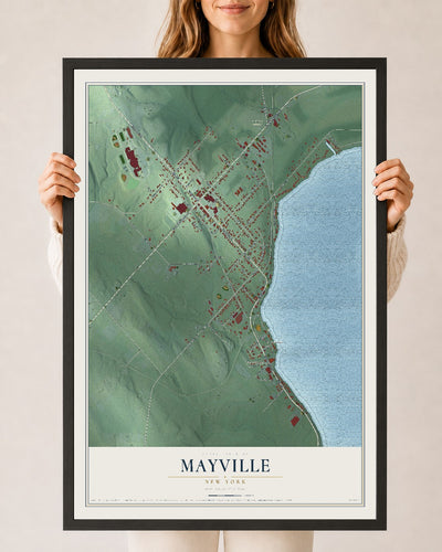 Mayville, New York map print, 24" x 36" W/ Black Ayous Wood Frame mockup