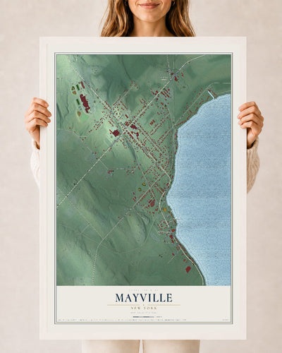 Mayville, New York map print, 24" x 36" W/ White Ayous Wood Frame mockup