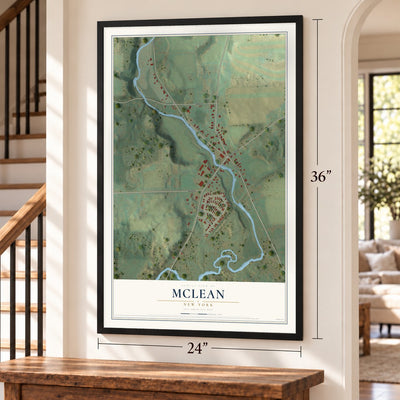 McLean, New York map, 24 x 36 inch print in a black frame by a staircase
