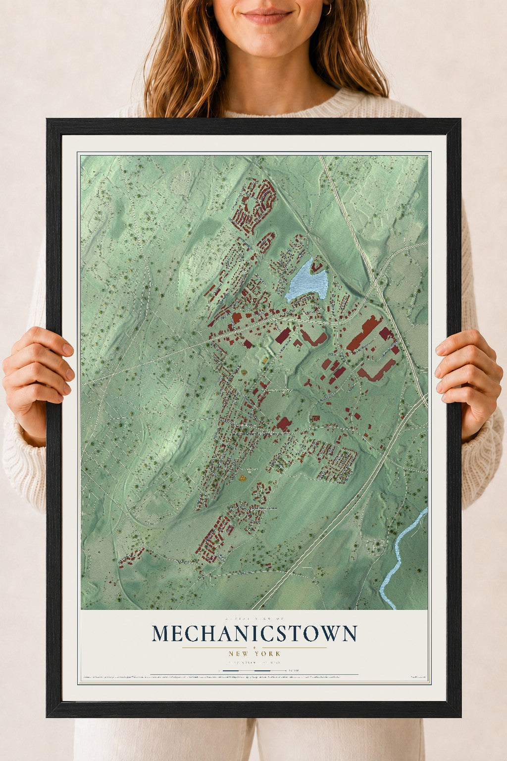 Mechanicstown, New York map print, 18" x 24" W/ Black Ayous Wood Frame mockup
