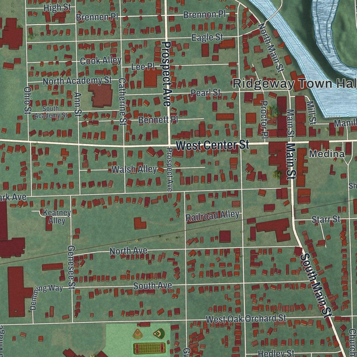 Close-up 1 of the Medina, New York map artwork