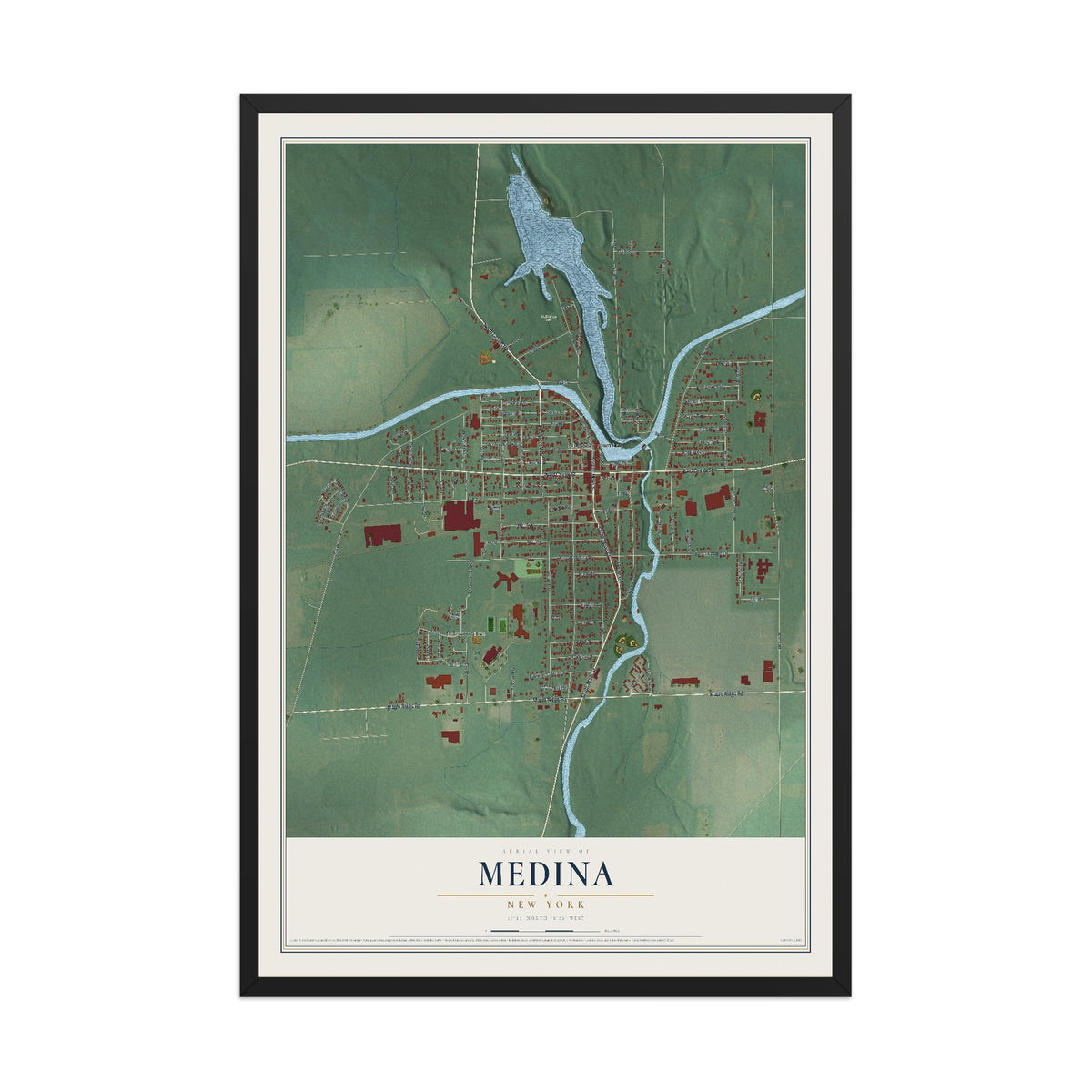 Medina, New York map print, 12" x 18" W/ Black Ayous Wood Frame mockup
