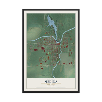 Medina, New York map print, 12" x 18" W/ Black Ayous Wood Frame mockup