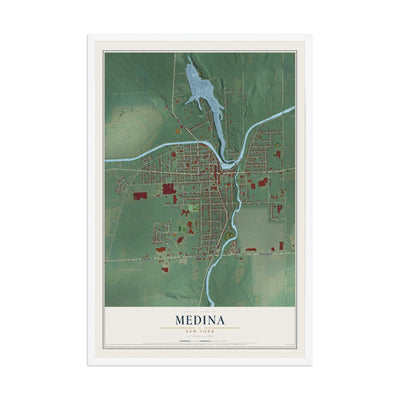 Medina, New York map print, 12" x 18" W/ White Ayous Wood Frame mockup