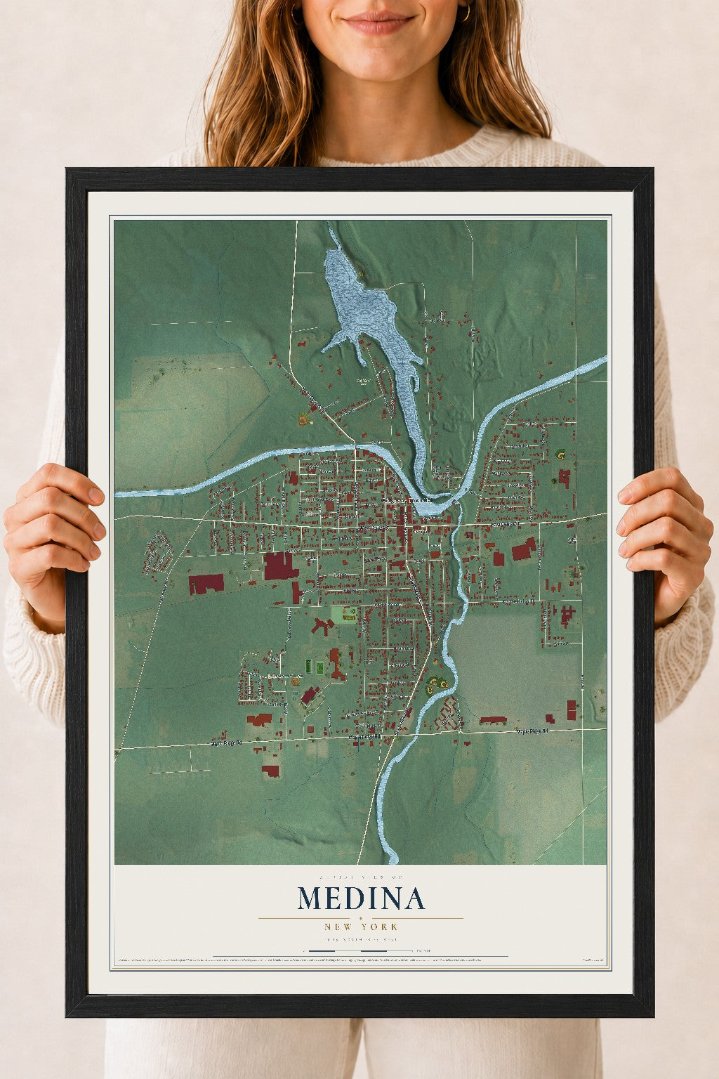Medina, New York map print, 18" x 24" W/ Black Ayous Wood Frame mockup