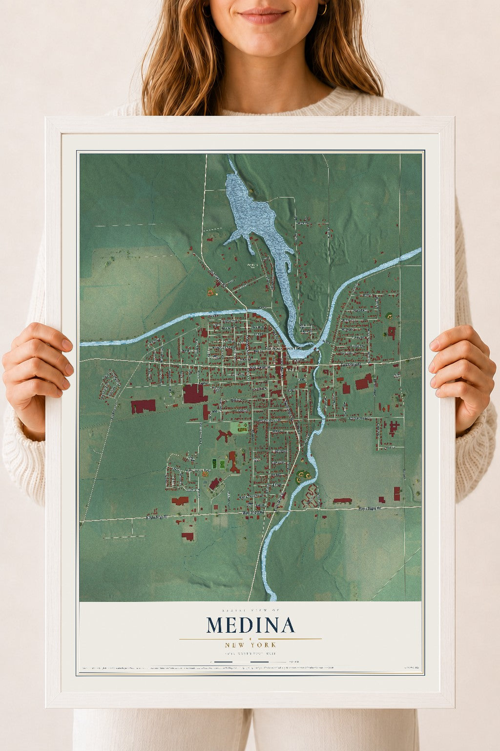 Medina, New York map print, 18" x 24" W/ White Ayous Wood Frame mockup