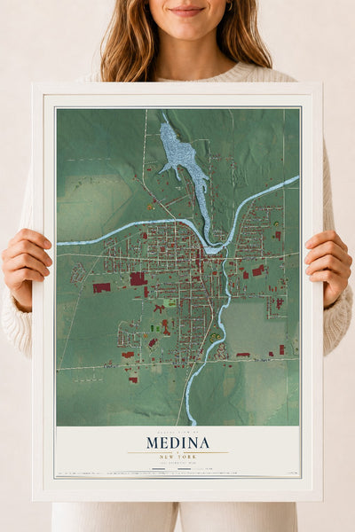 Medina, New York map print, 18" x 24" W/ White Ayous Wood Frame mockup
