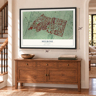 Melrose, New York map, 24 x 36 inch print in a black frame above a dresser by a staircase