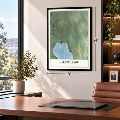 Melrose Park, New York map, 18 x 24 inch print in a black frame in a home office