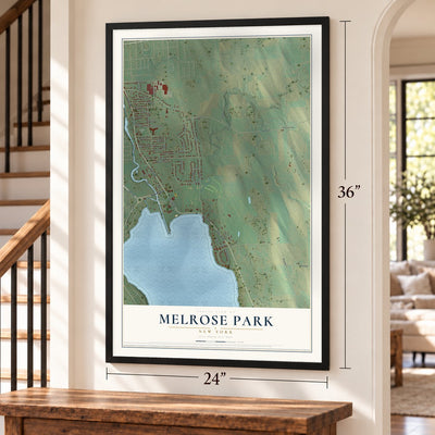 Melrose Park, New York map, 24 x 36 inch print in a black frame by a staircase