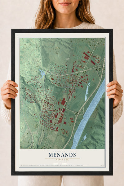 Menands, New York map print, 18" x 24" W/ Black Ayous Wood Frame mockup