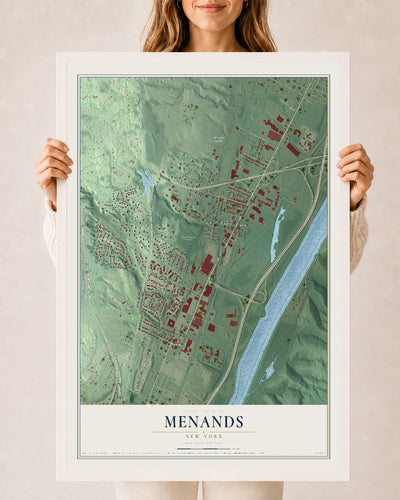 Menands, New York map print, 24" x 36" W/ White Ayous Wood Frame mockup