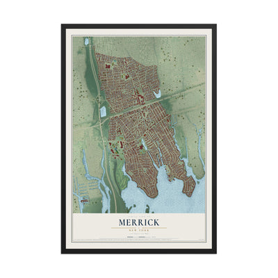 Merrick, New York map print, 12" x 18" W/ Black Ayous Wood Frame mockup