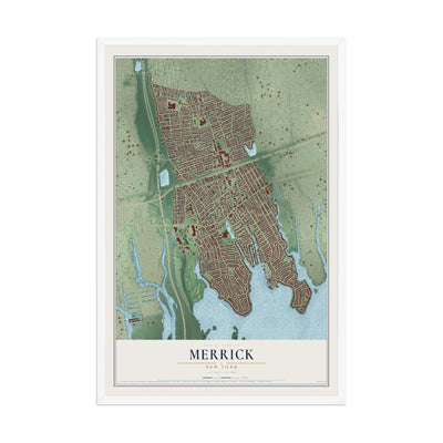 Merrick, New York map print, 12" x 18" W/ White Ayous Wood Frame mockup