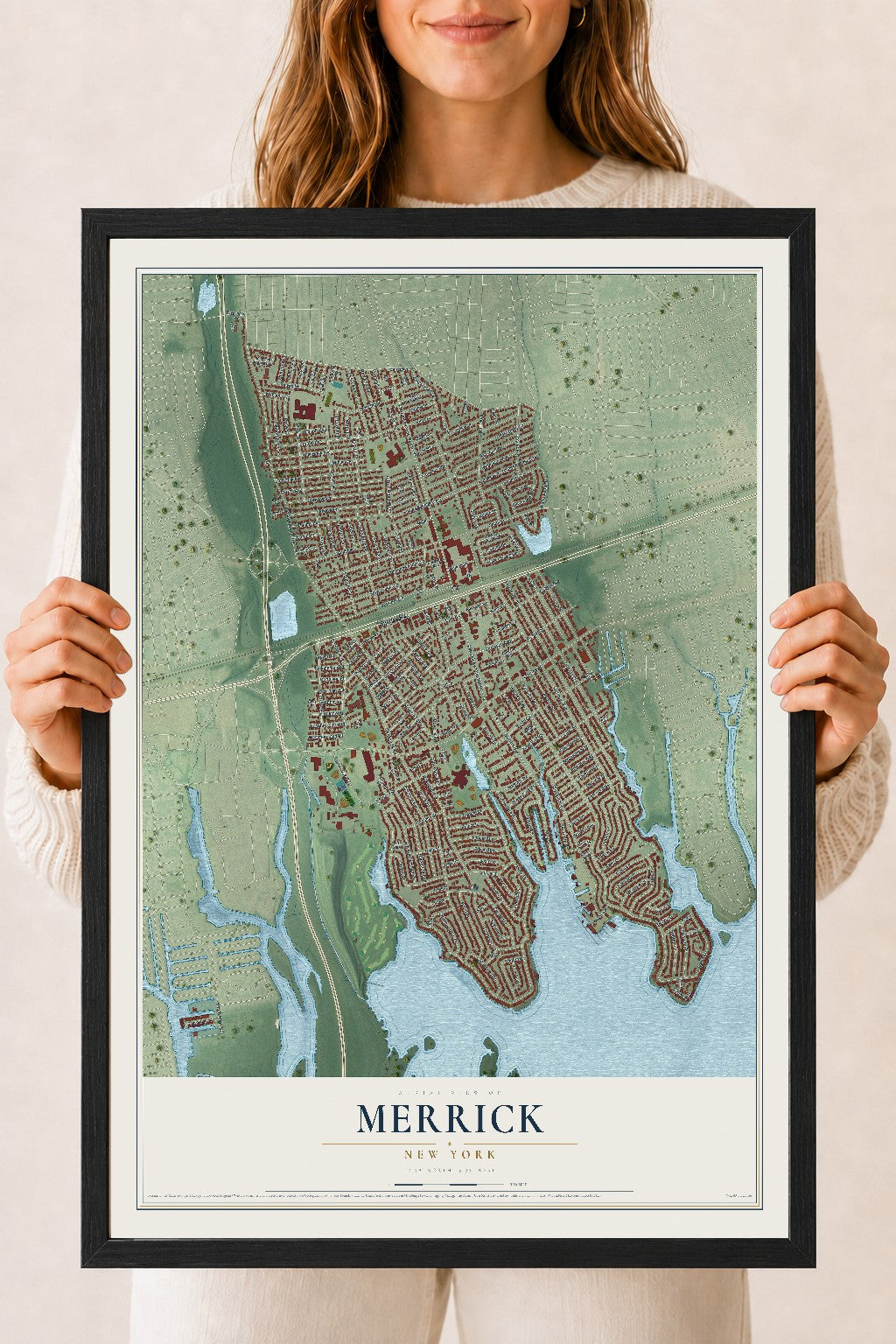 Merrick, New York map print, 18" x 24" W/ Black Ayous Wood Frame mockup