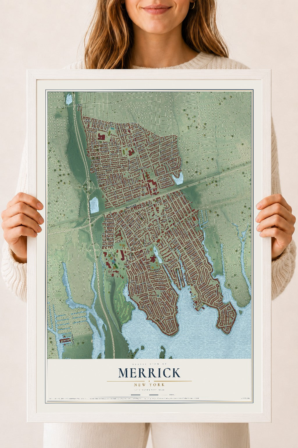 Merrick, New York map print, 18" x 24" W/ White Ayous Wood Frame mockup