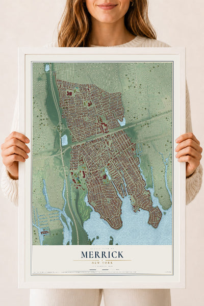 Merrick, New York map print, 18" x 24" W/ White Ayous Wood Frame mockup