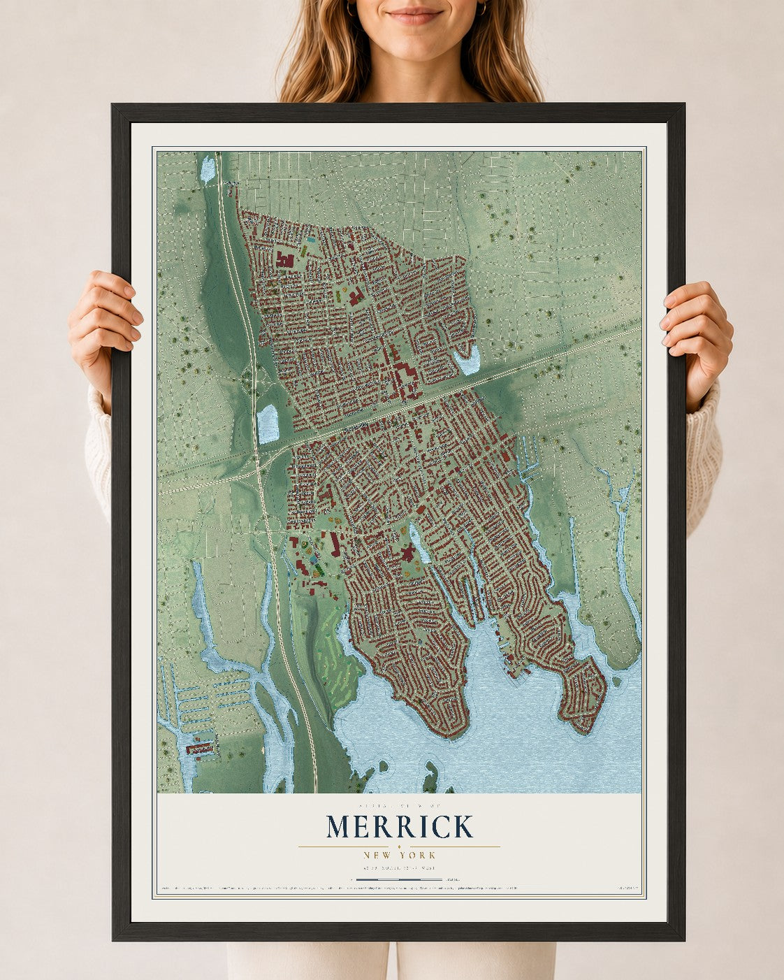 Merrick, New York map print, 24" x 36" W/ Black Ayous Wood Frame mockup
