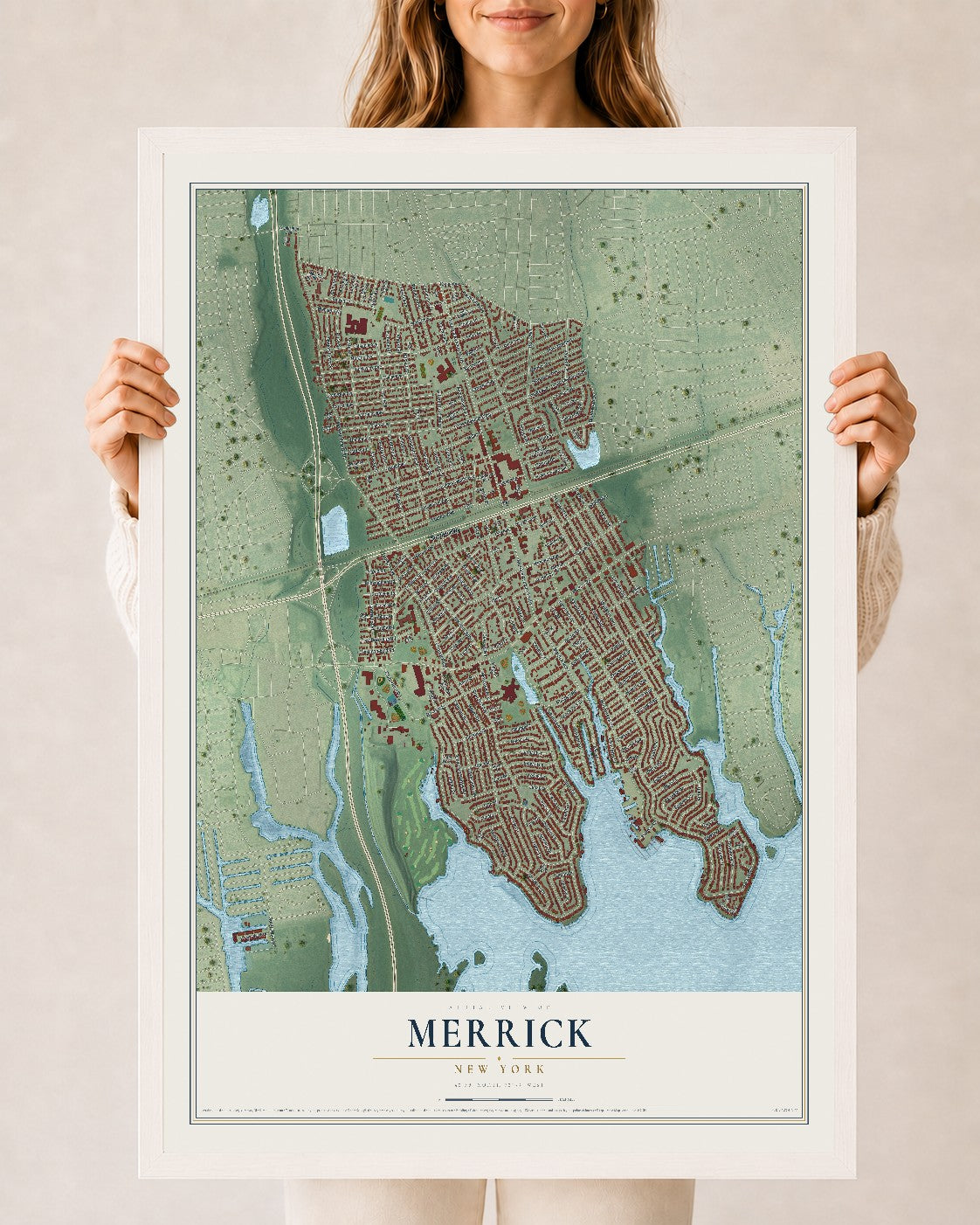 Merrick, New York map print, 24" x 36" W/ White Ayous Wood Frame mockup