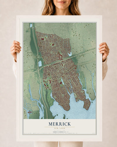 Merrick, New York map print, 24" x 36" W/ White Ayous Wood Frame mockup