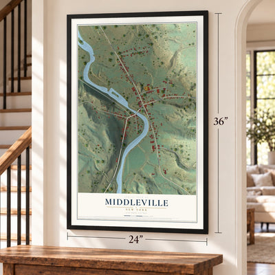 Middleville, New York map, 24 x 36 inch print in a black frame by a staircase