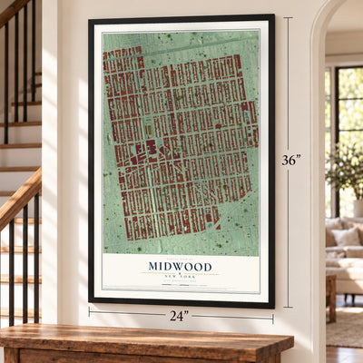 Midwood, New York map, 24 x 36 inch print in a black frame by a staircase