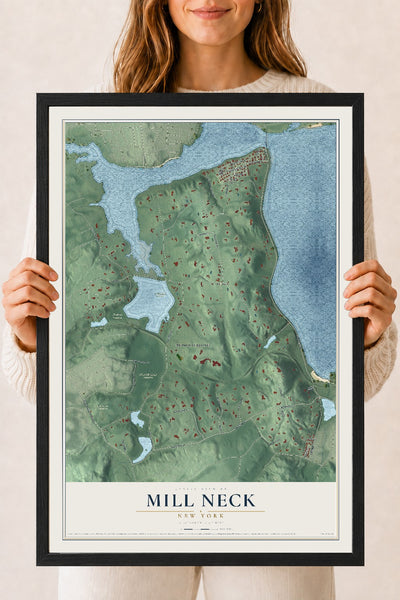 Mill Neck, New York map print, 18" x 24" W/ Black Ayous Wood Frame mockup