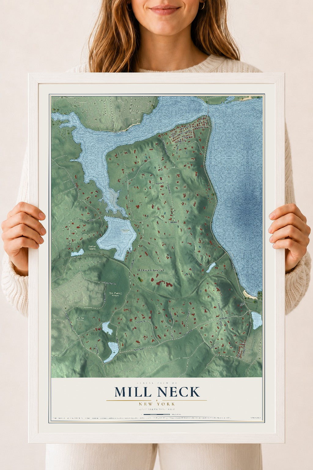 Mill Neck, New York map print, 18" x 24" W/ White Ayous Wood Frame mockup