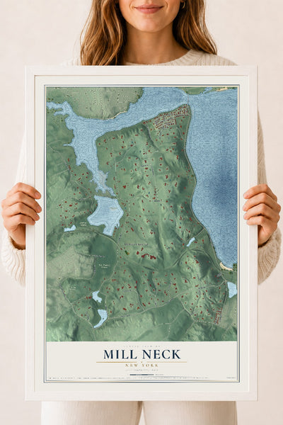 Mill Neck, New York map print, 18" x 24" W/ White Ayous Wood Frame mockup
