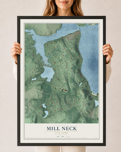 Mill Neck, New York map print, 24" x 36" W/ Black Ayous Wood Frame mockup