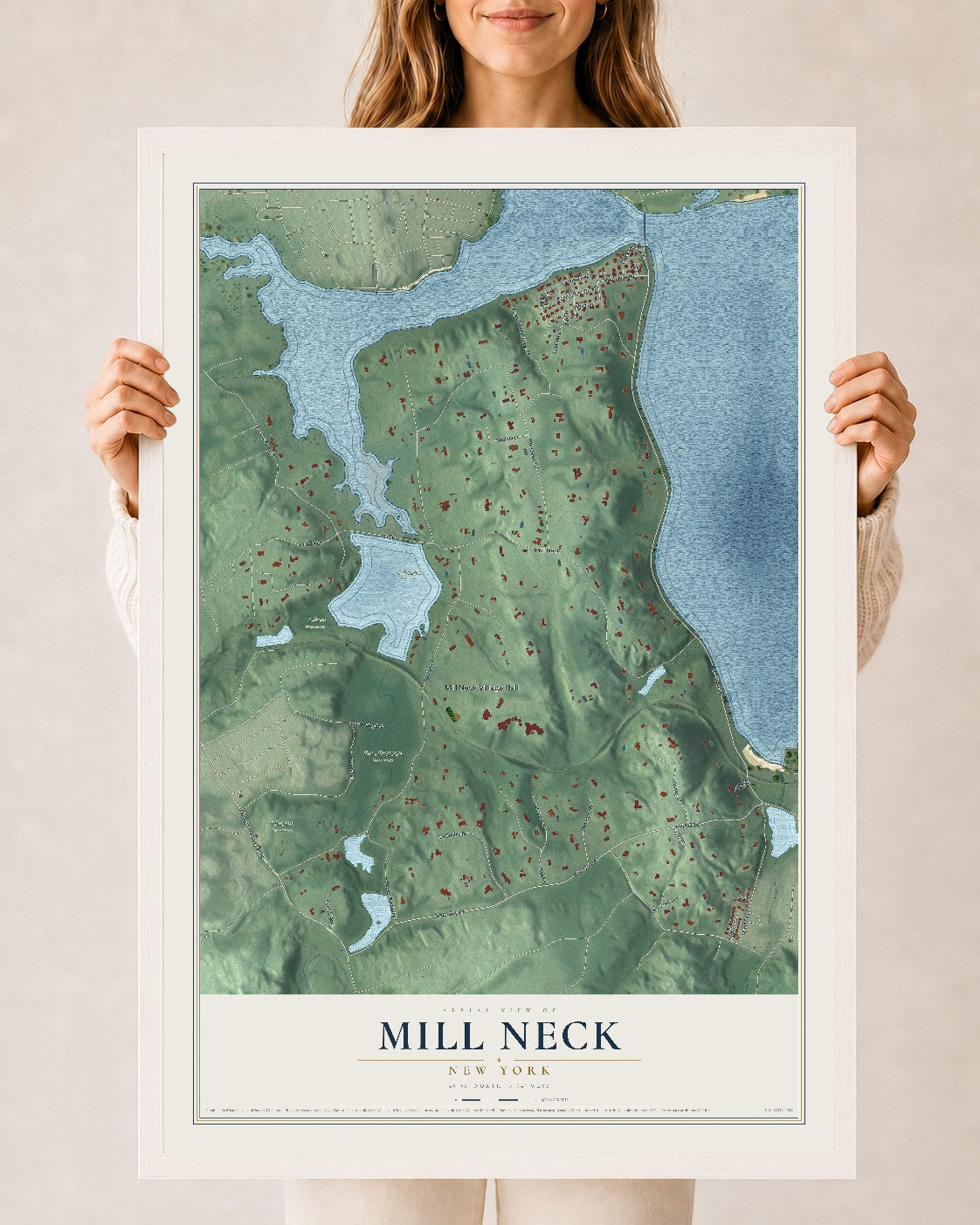 Mill Neck, New York map print, 24" x 36" W/ White Ayous Wood Frame mockup