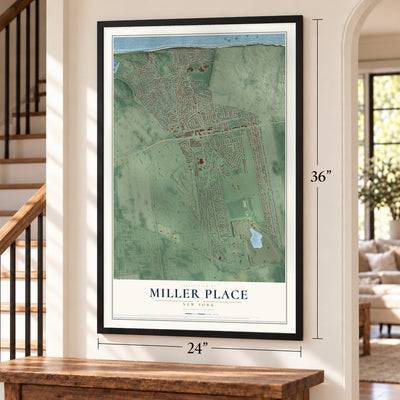 Miller Place, New York map, 24 x 36 inch print in a black frame by a staircase