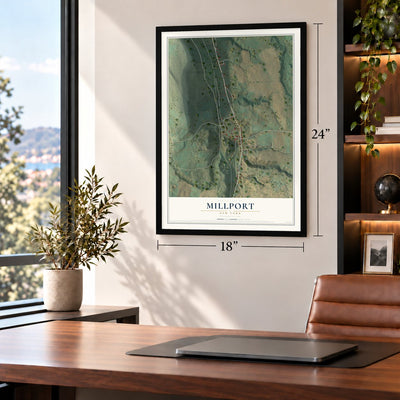Millport, New York map, 18 x 24 inch print in a black frame in a home office