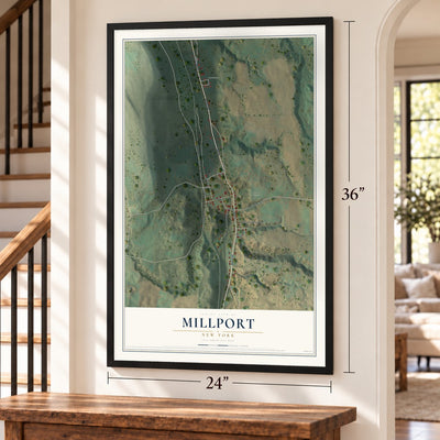 Millport, New York map, 24 x 36 inch print in a black frame by a staircase