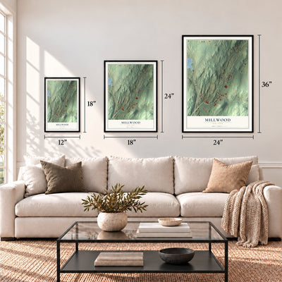Millwood, New York map in 12 x 18, 18 x 24 and 24 x 36 inch sizes above a sofa