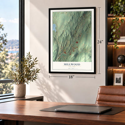 Millwood, New York map, 18 x 24 inch print in a black frame in a home office