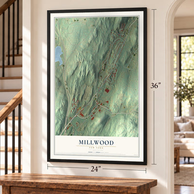 Millwood, New York map, 24 x 36 inch print in a black frame by a staircase