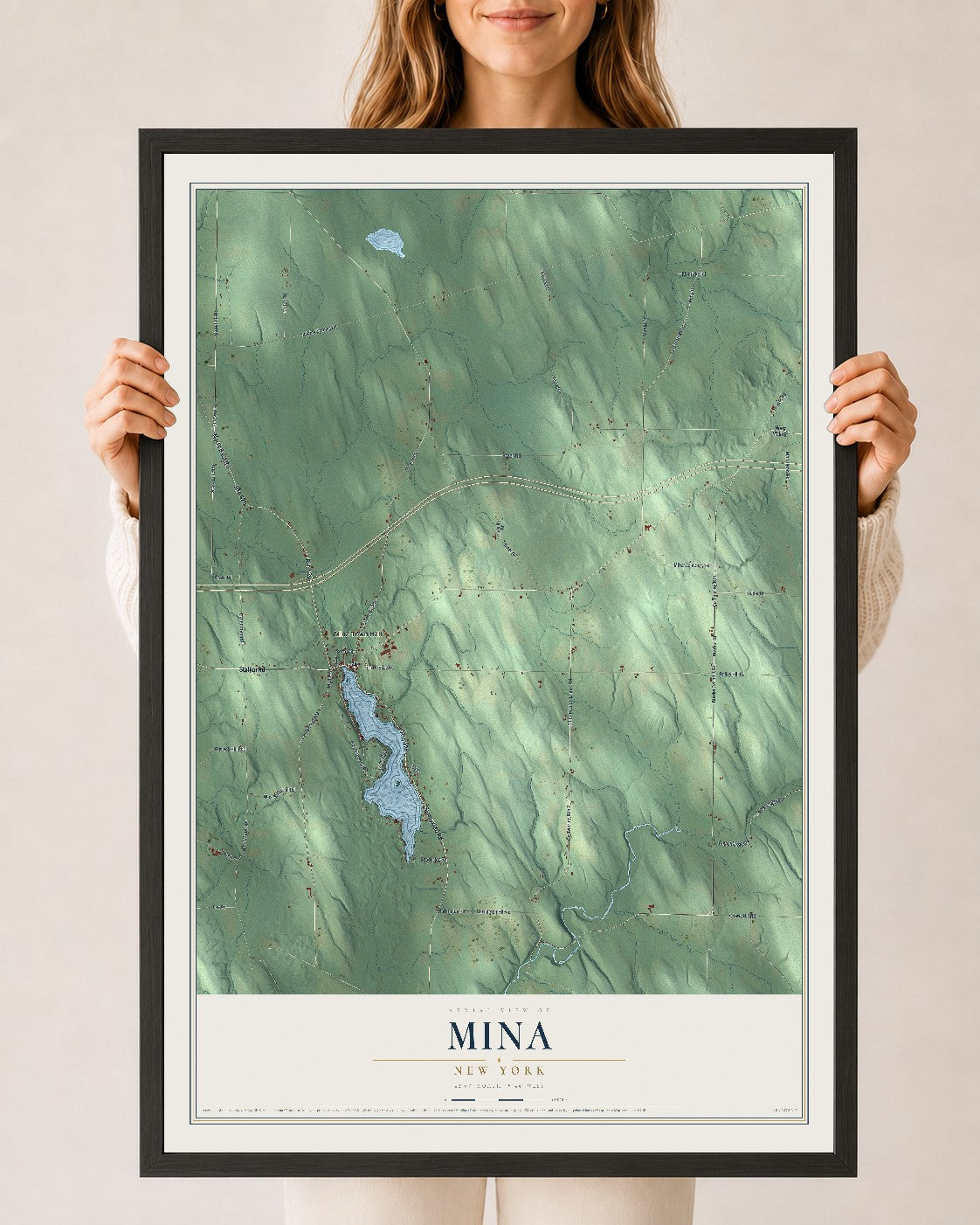 Mina, New York map print, 24" x 36" W/ Black Ayous Wood Frame mockup