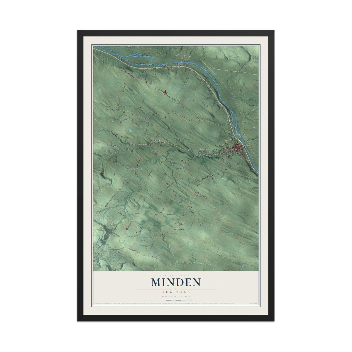 Minden, New York map print, 12" x 18" W/ Black Ayous Wood Frame mockup