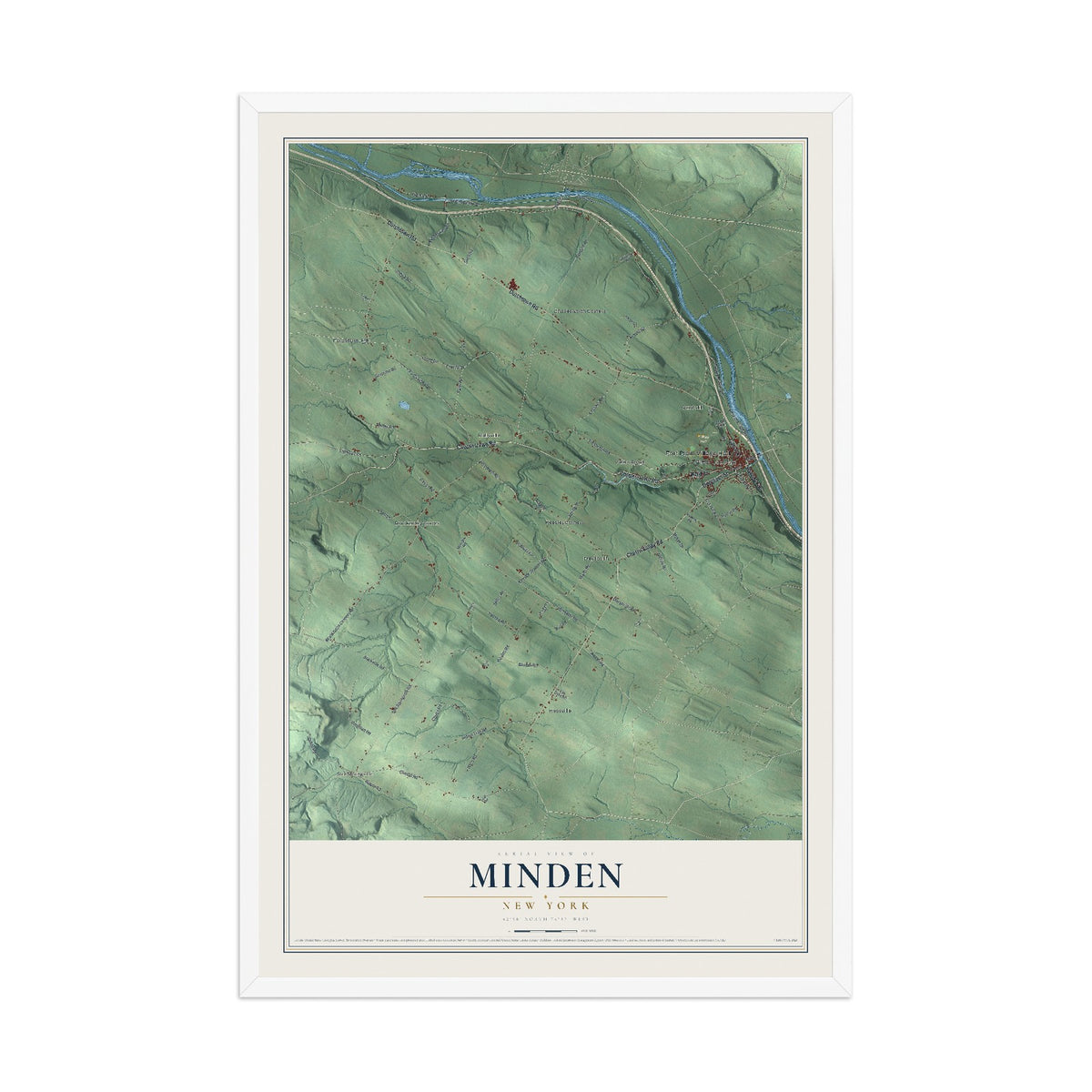 Minden, New York map print, 12" x 18" W/ White Ayous Wood Frame mockup