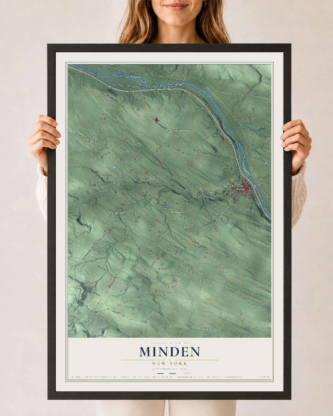 Minden, New York map print, 24" x 36" W/ Black Ayous Wood Frame mockup